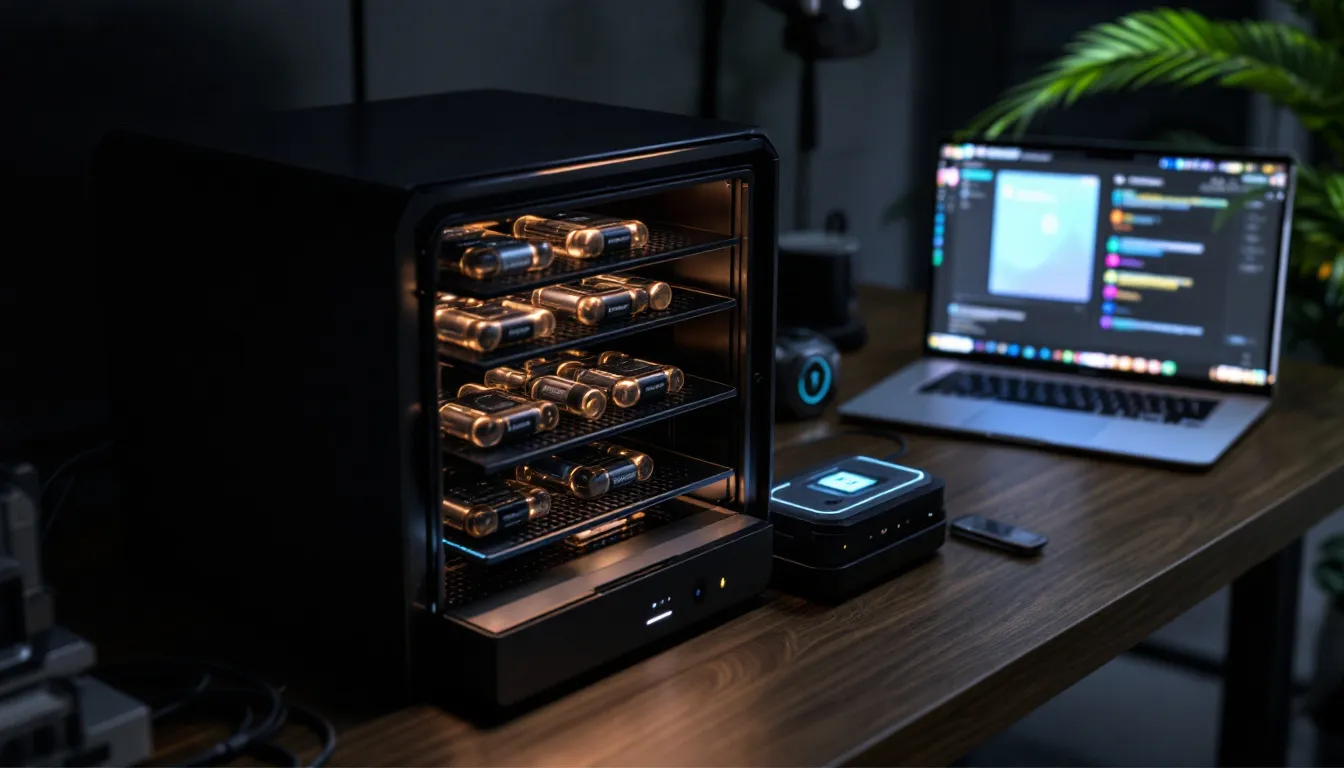 A secure cryptocurrency cold storage system is depicted, showcasing multiple layers of protection for digital assets. This setup emphasizes data security and is ideal for experienced traders looking to store crypto safely while minimizing risks associated with trading on various crypto exchanges.
