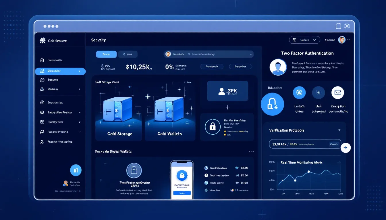 The image illustrates various security features of a cryptocurrency exchange, highlighting cold storage for crypto assets and the implementation of two-factor authentication to protect user accounts. These features are essential for ensuring data security and safeguarding investments in the highly volatile crypto market.