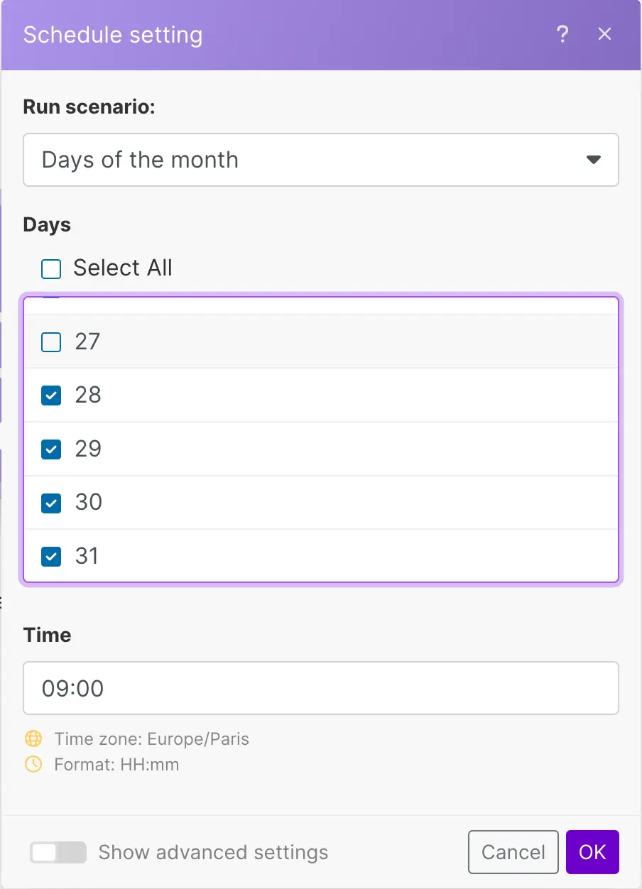 Configure Make module to trigger the end of the month