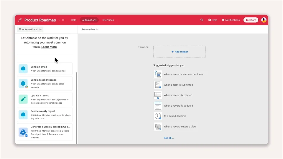 Airtable interface showing automation features for backend development