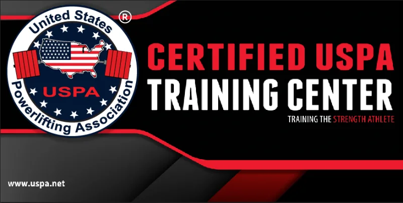 United States Powerlifting Association logo and text Certified USPA Training Center with website www.uspa.net.
