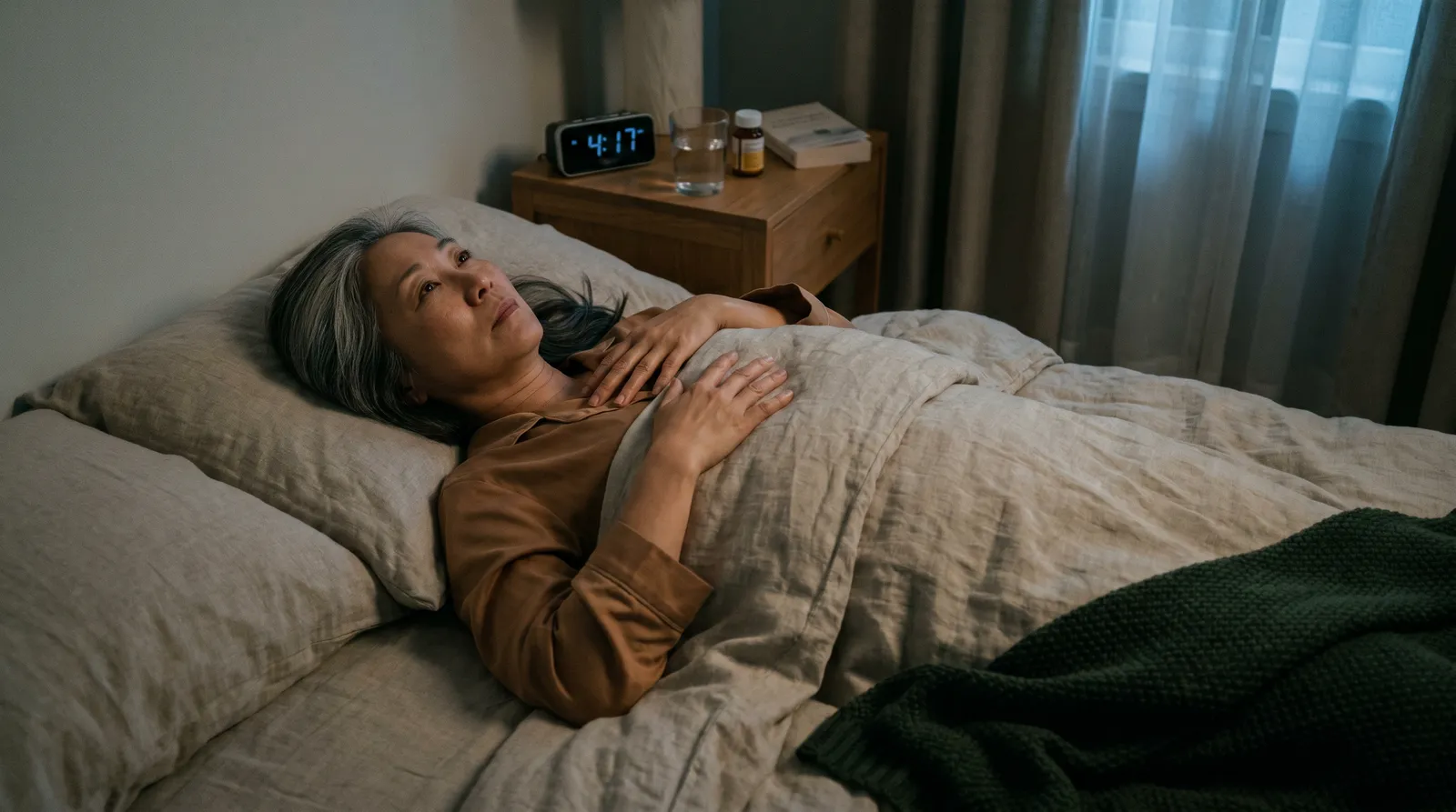Donna distesa nel letto con gli occhi aperti prima dell'alba, una mano sul petto, lenzuola leggermente scomposte