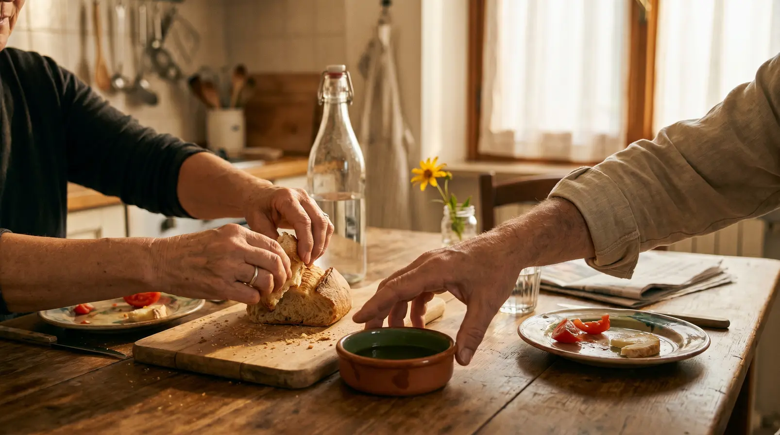 Due paia di mani su un tavolo da cucina in legno, una spezza del pane mentre l'altra raggiunge una ciotola di olio d'oliva
