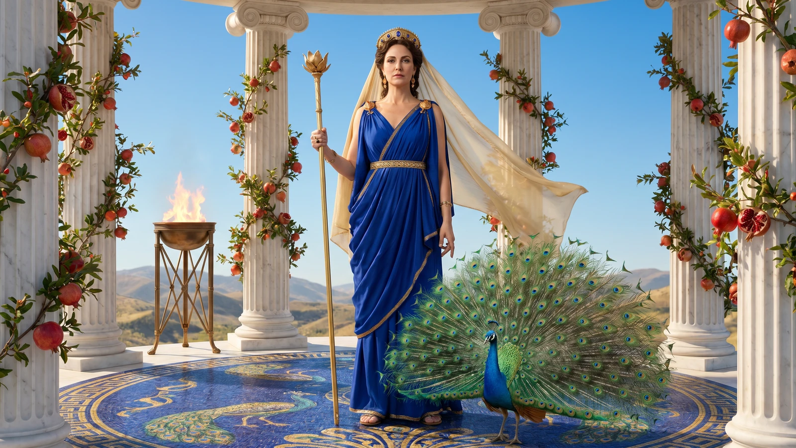 Era, regina dell'Olimpo, in piedi al centro di un tempio circolare a cielo aperto con colonne ioniche avvolte da rami di melograno in fiore. Indossa un peplo blu regale con fibule d'oro a forma di melagrana, una cintura dorata e un diadema stephane con zaffiri e fiori di loto. Un velo di seta oro pallido le scende dalle spalle, mosso dal vento. Nella mano destra impugna uno scettro d'oro sormontato da un fiore di loto. Ai suoi piedi, un pavone con la coda completamente aperta, le cui piume iridescenti sembrano osservare in ogni direzione. Il pavimento è un mosaico di lapislazzuli e tessere d'oro. La luce è solare, cerimoniale, dorata. La sua espressione trasmette dignità ferita e un'intelligenza implacabile.