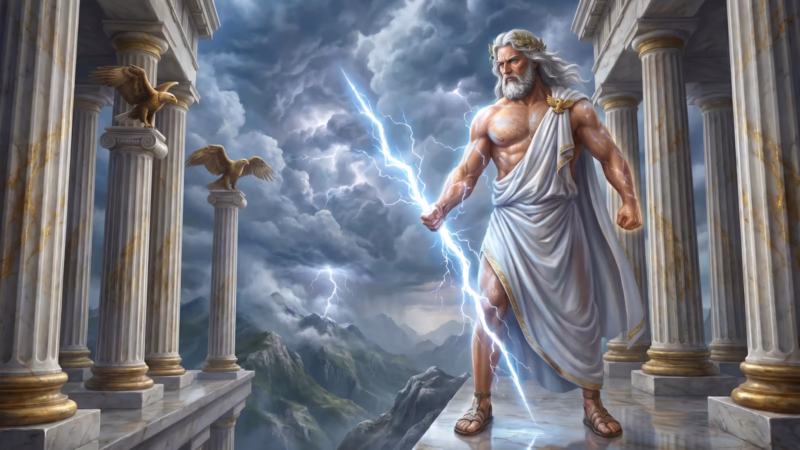 Figura maestosa di Zeus, re degli dèi, in piedi al bordo di un colonnato di marmo bianco e oro sul Monte Olimpo. Ha capelli e barba argentati, indossa un himation bianco con una spilla a forma di aquila e una corona di foglie di quercia. Nella mano destra stringe un fulmine di plasma blu-bianco che illumina il suo volto e le colonne con ombre taglienti. Dietro di lui, un cielo di nubi temporalesche attraversate da lampi. Due aquile dorate sono appollaiate sui capitelli. L'atmosfera è carica di ozono e di un'autorità assoluta.