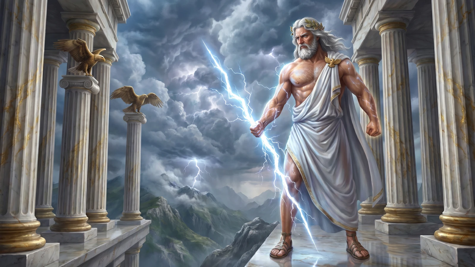 Figura maestosa di Zeus, re degli dèi, in piedi al bordo di un colonnato di marmo bianco e oro sul Monte Olimpo. Ha capelli e barba argentati, indossa un himation bianco con una spilla a forma di aquila e una corona di foglie di quercia. Nella mano destra stringe un fulmine di plasma blu-bianco che illumina il suo volto e le colonne con ombre taglienti. Dietro di lui, un cielo di nubi temporalesche attraversate da lampi. Due aquile dorate sono appollaiate sui capitelli. L'atmosfera è carica di ozono e di un'autorità assoluta.