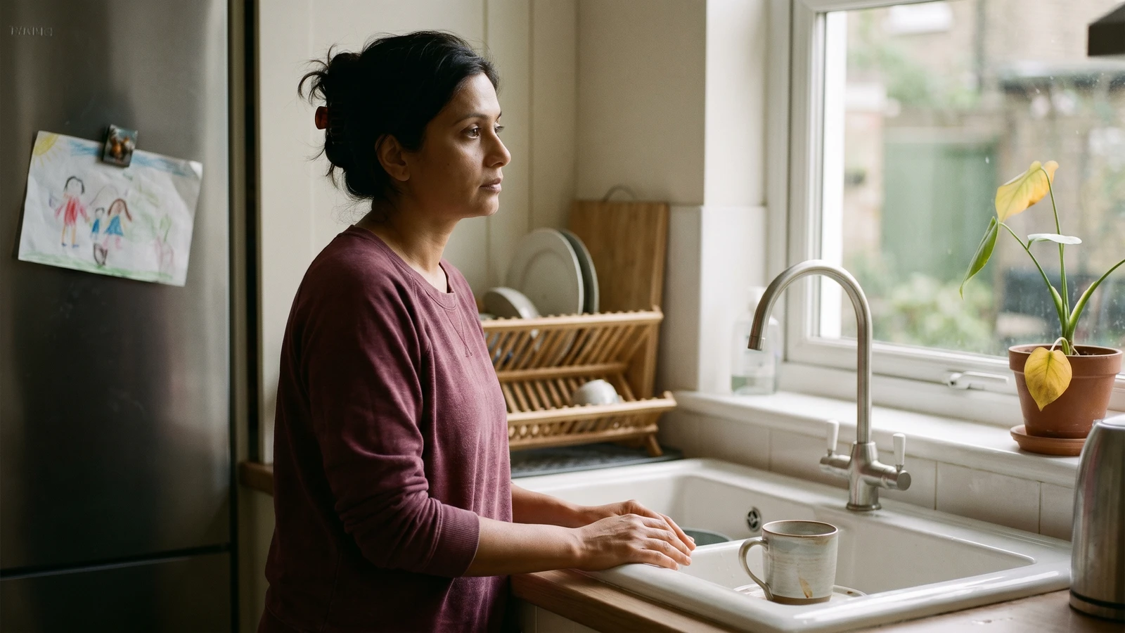 Donna di mezza età ferma al lavandino della cucina, le mani sul bordo, lo sguardo rivolto alla finestra