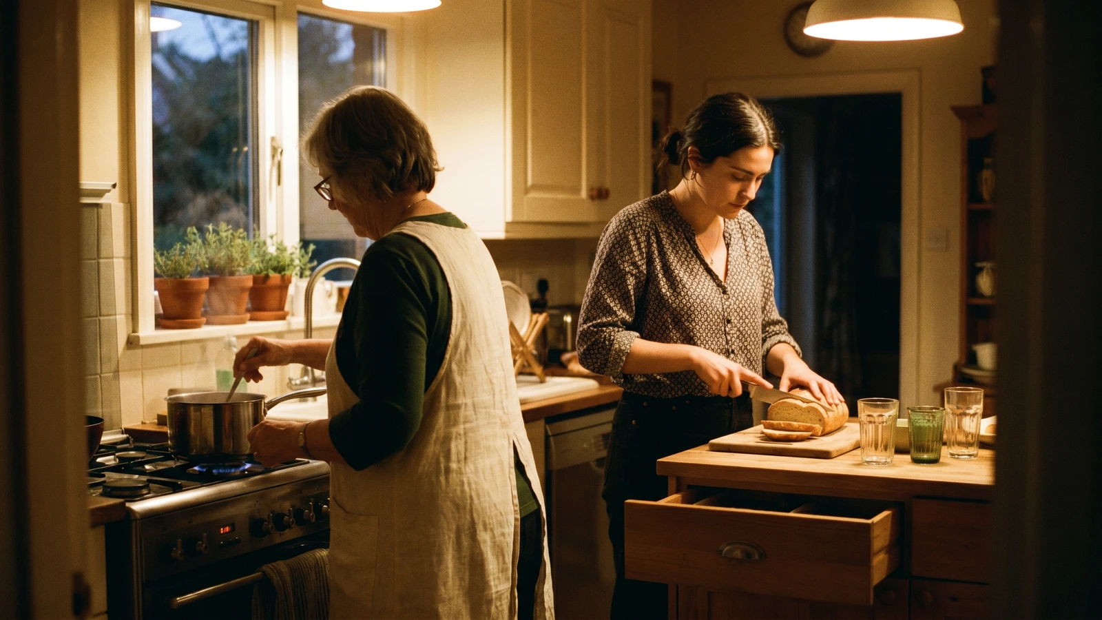 Madre e figlia adulta che preparano da mangiare insieme in una cucina, ciascuna concentrata sul proprio compito