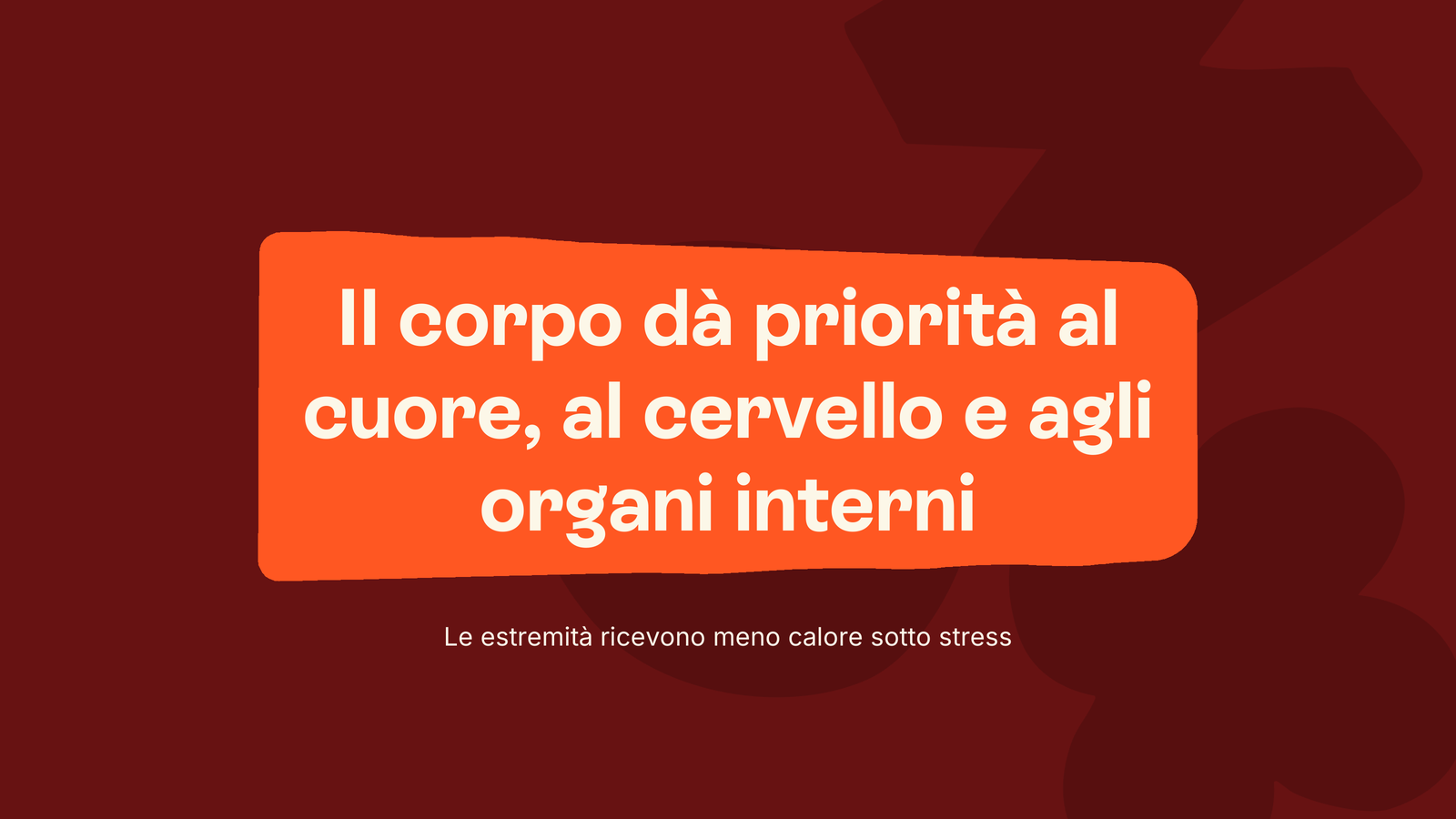Box in stile Unobravo con la frase «Il corpo dà priorità al cuore, al cervello e agli organi interni», sottotitolo «Le estremità ricevono meno calore sotto stress»