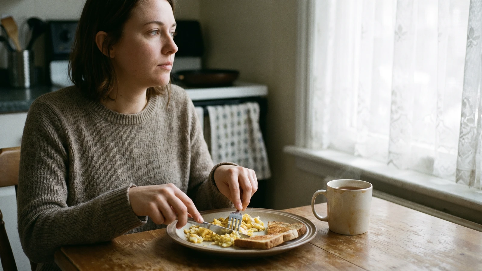 Donna seduta a tavola in cucina che gioca con il cibo nel piatto senza mangiare, sguardo alla finestra