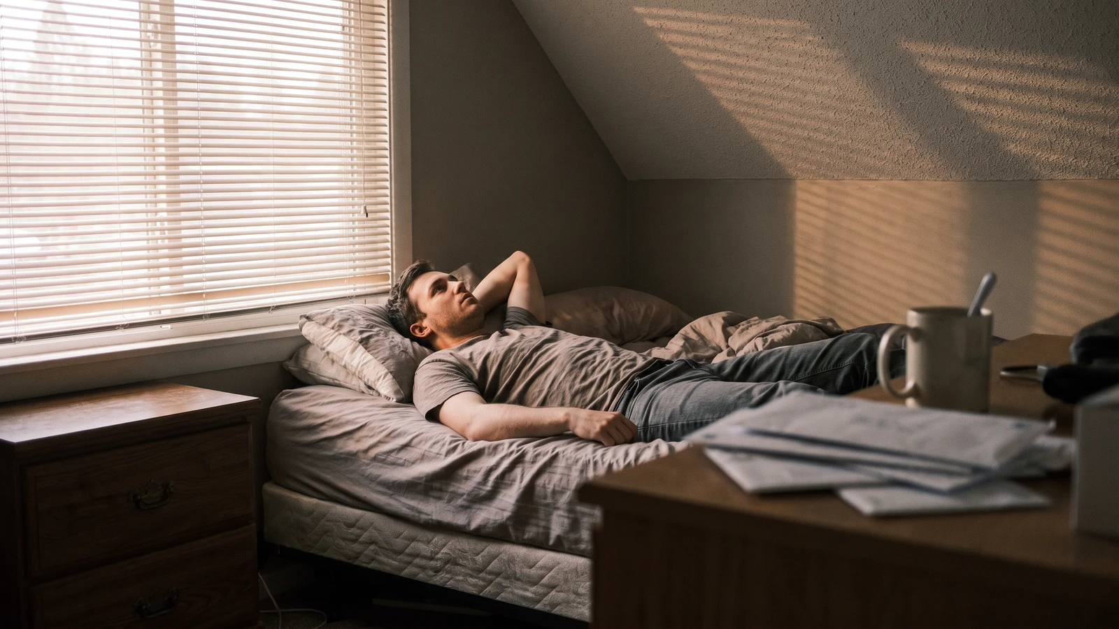 Uomo sdraiato su un letto disfatto, sguardo verso il soffitto, ancora vestito con abiti del giorno prima