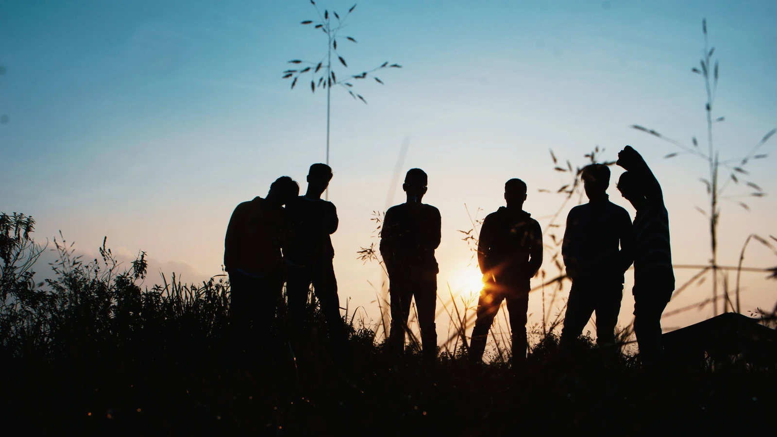 Un gruppo di amici in silhouette contro il tramonto, che godono di un momento nella natura.