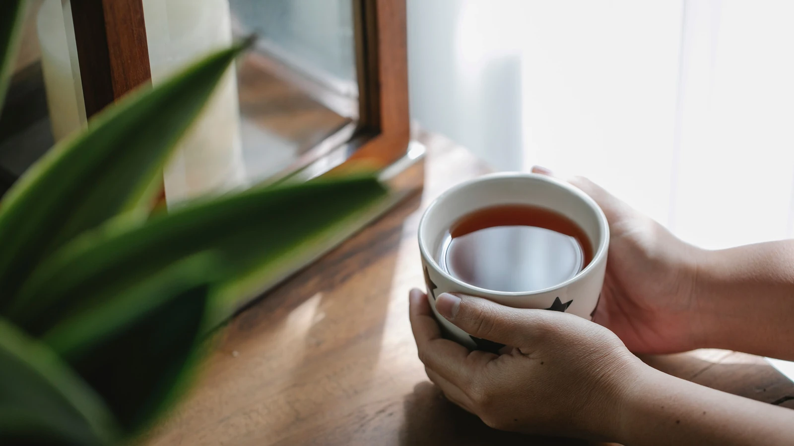 Una calda tazza di tè alle erbe tenuta tra le mani vicino a una finestra, che trasmette accoglienza e relax.