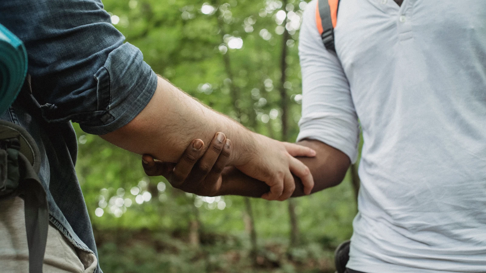 Primo piano di una coppia diversa che si tiene per mano in un lussureggiante bosco verde, simboleggiando connessione e armonia.