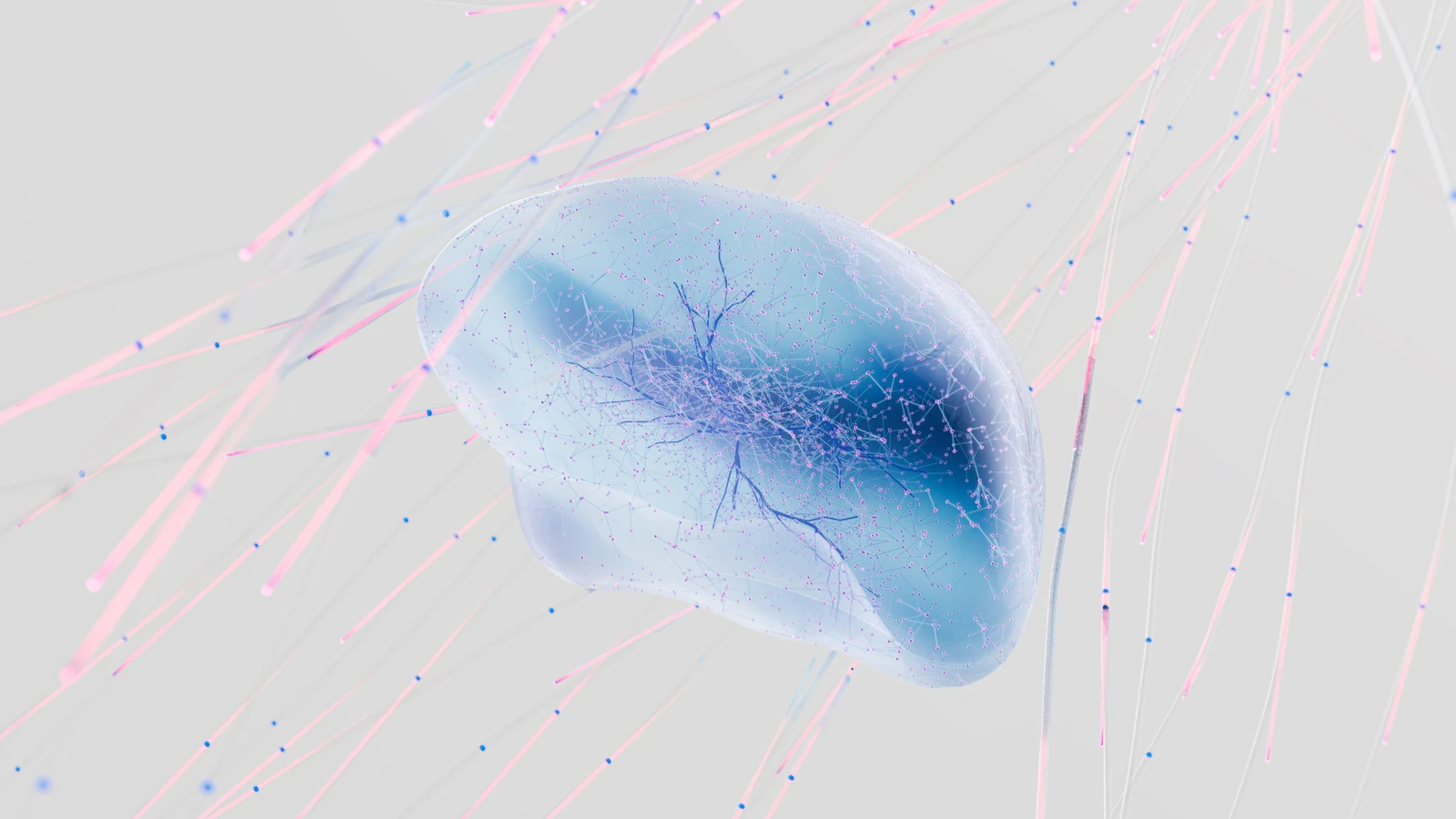 Un rendering 3D di una rete neurale con connessioni neurali astratte in colori tenui.