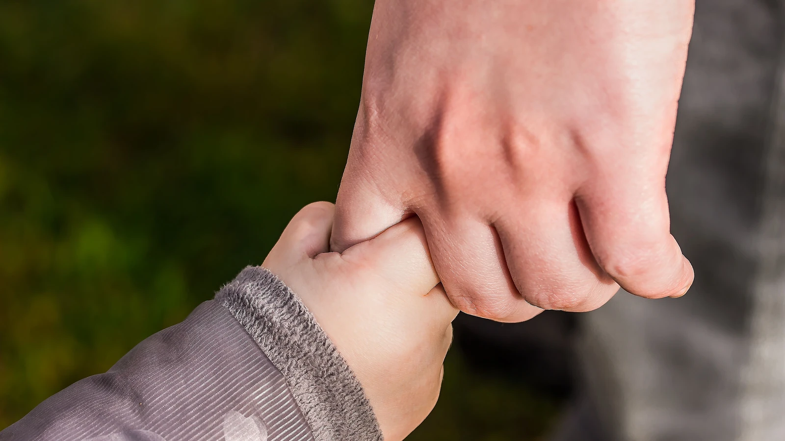 Un primo piano di un bambino e di un genitore che si tengono per mano in un parco, simboleggiando amore e fiducia.