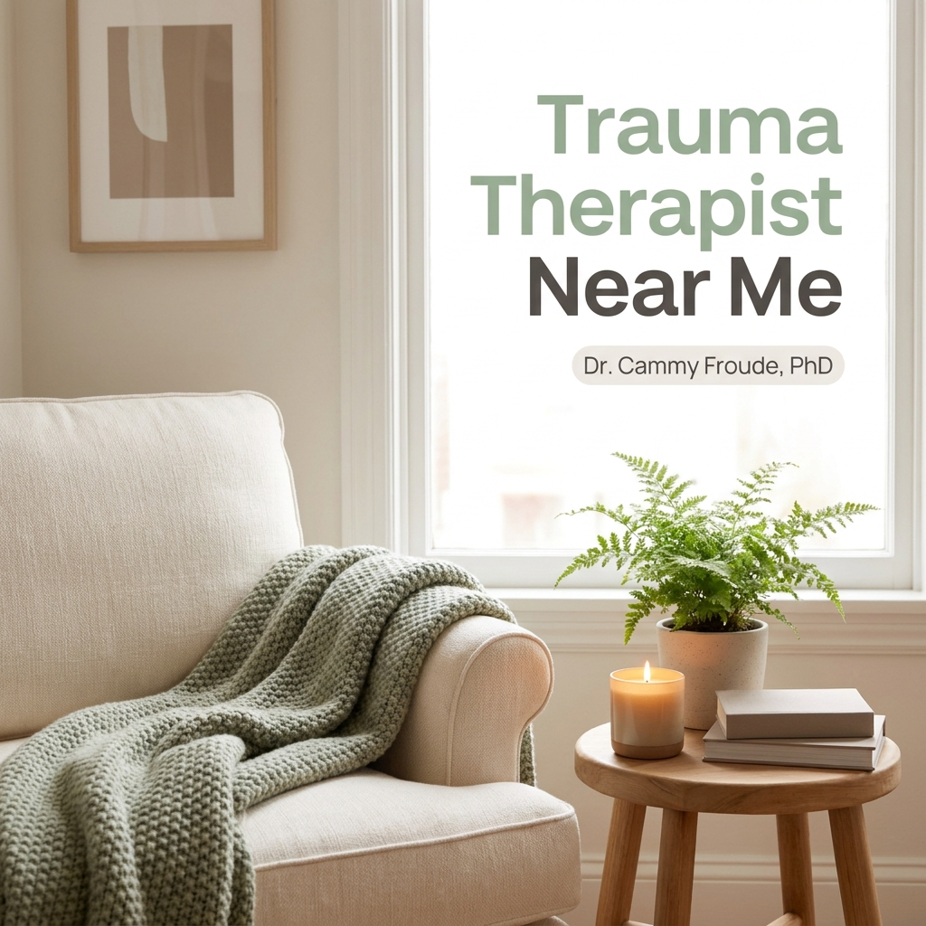 Serene trauma therapy corner in San Francisco with a Trauma Therapist Near Me headline and Dr. Cammy Froude, PhD tag