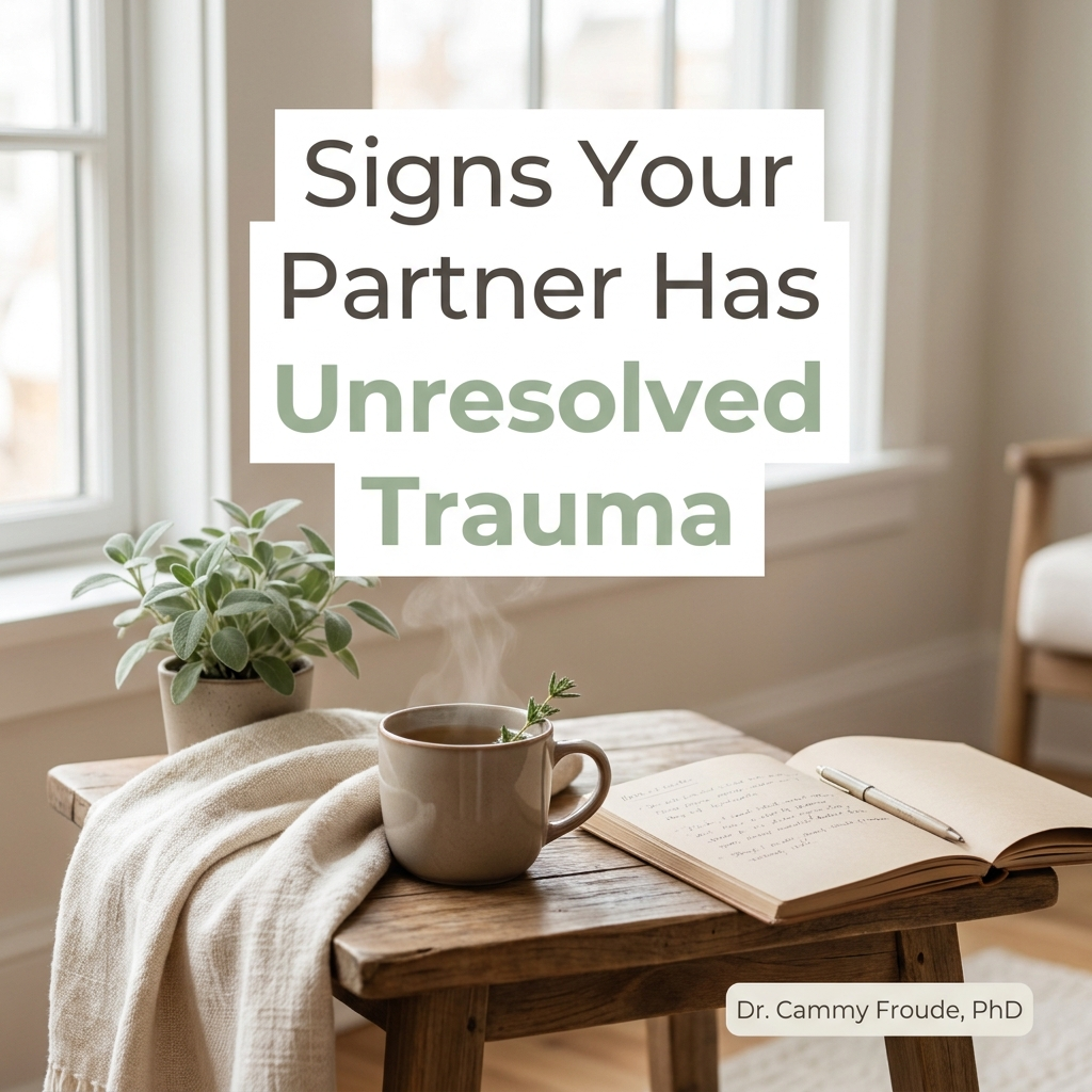 Warm still life of tea and a notebook with the title Signs Your Partner Has Unresolved Trauma