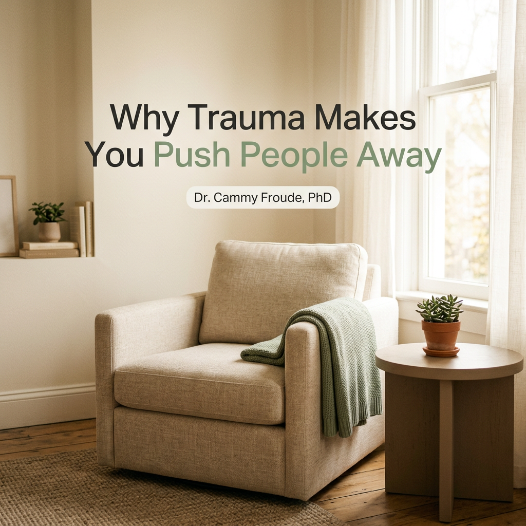 Empty armchair by a sunlit window with a sage green throw and the title Why Trauma Makes You Push People Away