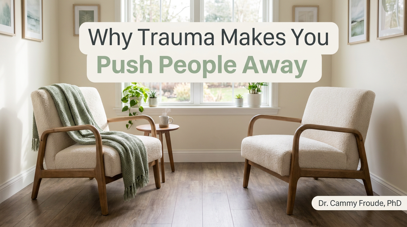Warm therapy office with two empty armchairs and a headline reading Why Trauma Makes You Push People Away by Dr. Cammy Froude, PhD