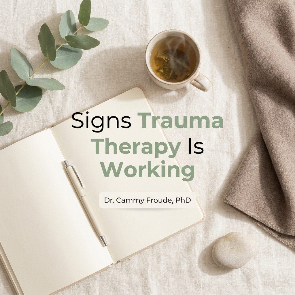 Signs trauma therapy is working, a journal and tea flat-lay in cream and sage, Dr. Cammy Froude, PhD