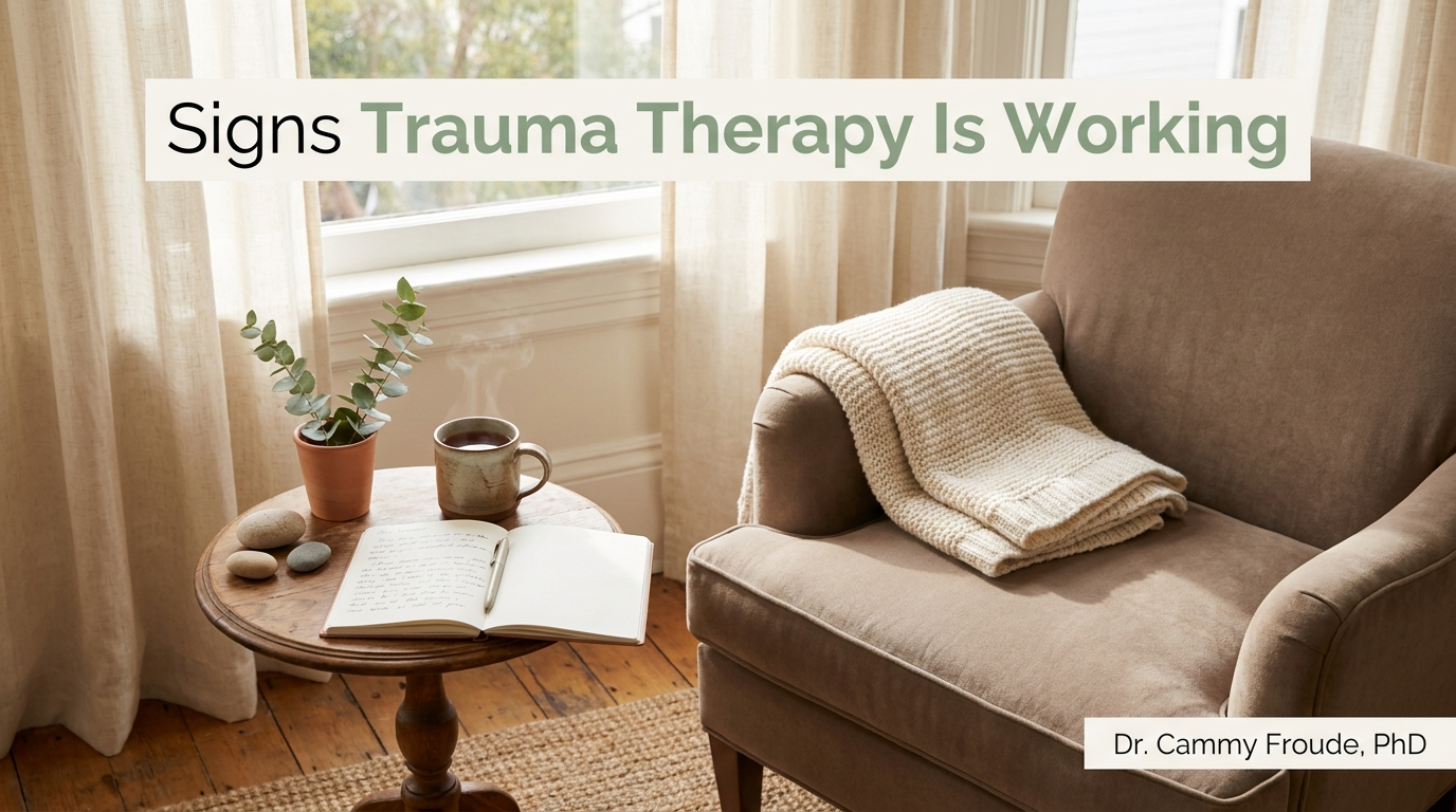 Signs trauma therapy is working, a calming San Francisco therapy reading nook with tea and eucalyptus, Dr. Cammy Froude, PhD
