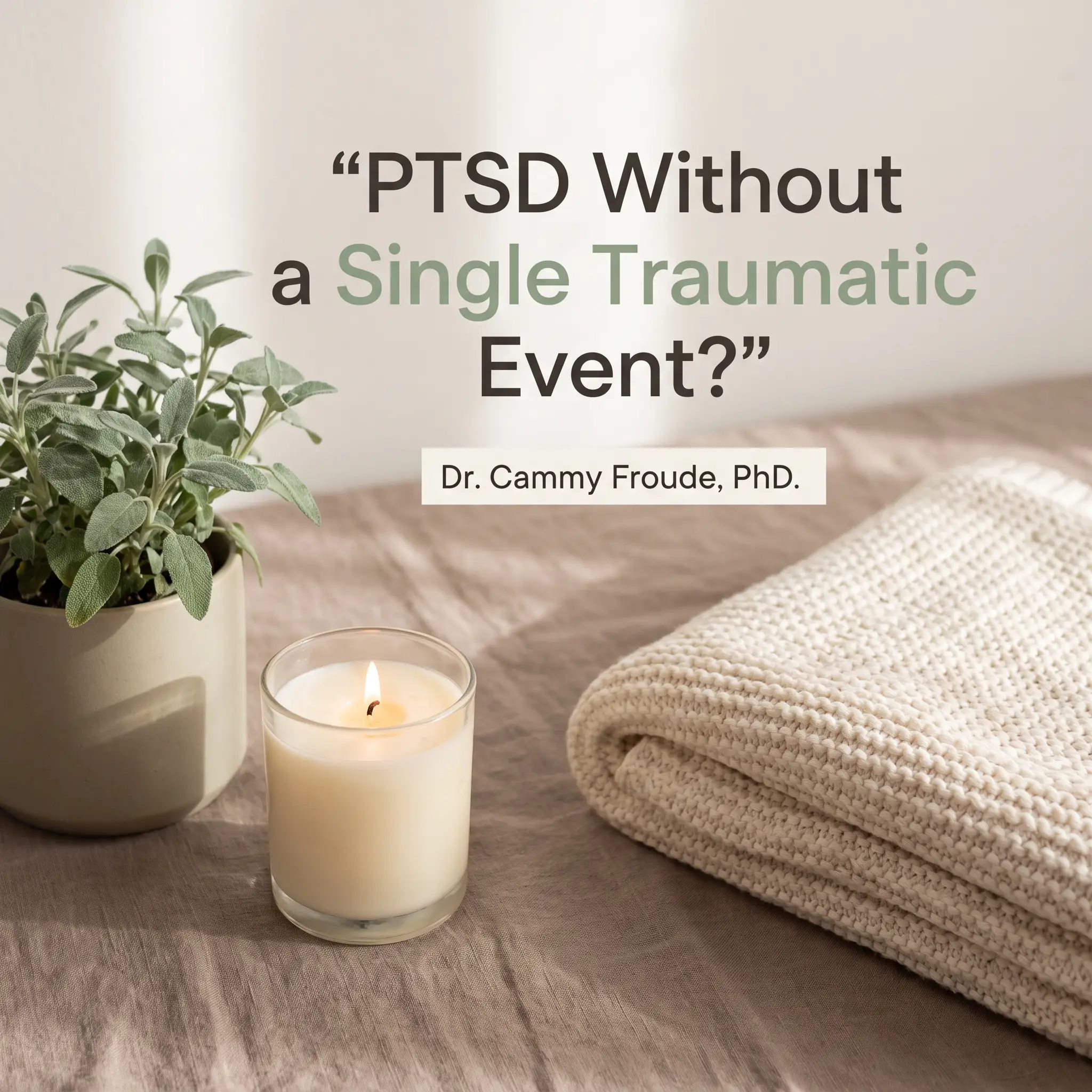 Warm sage and cream still life with the headline PTSD Without a Single Traumatic Event and a Dr. Cammy Froude, PhD tag