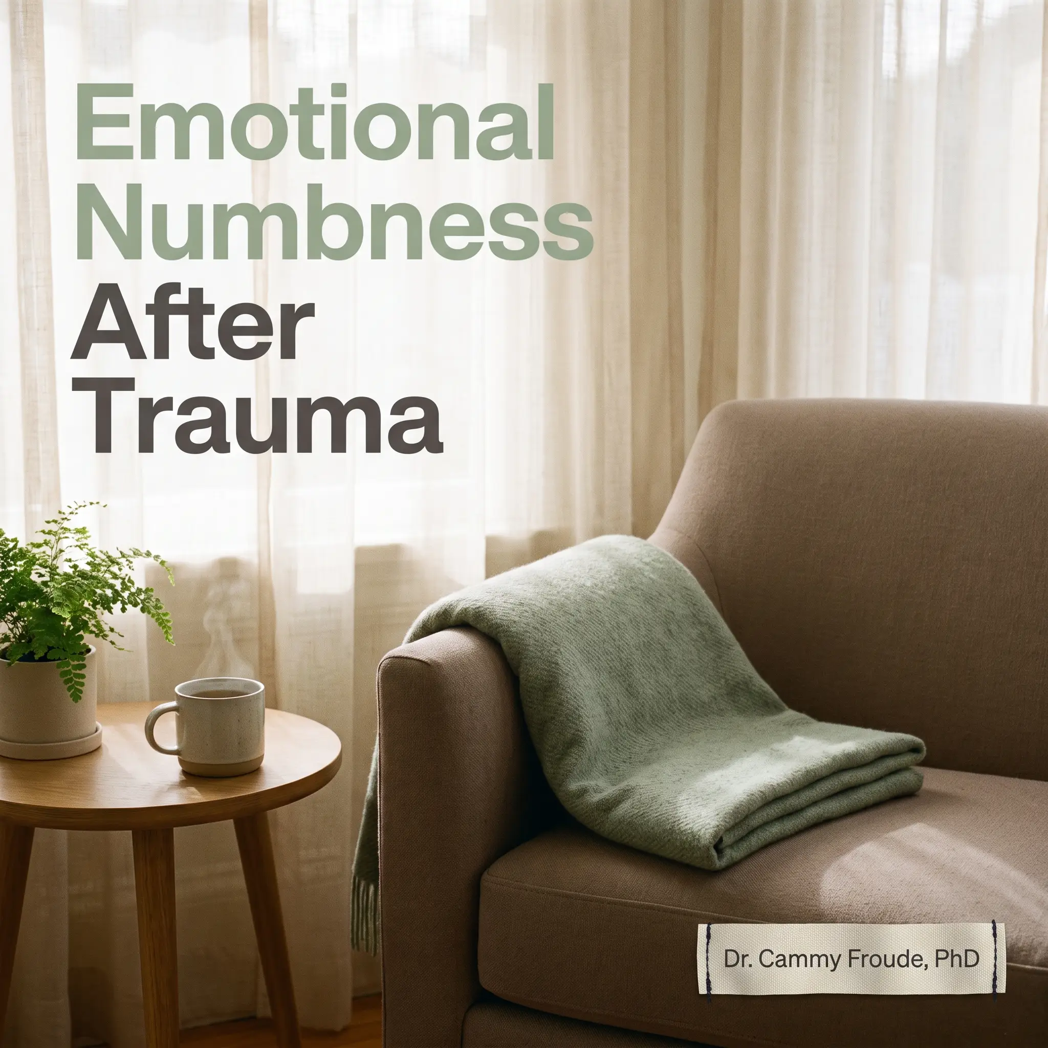 Emotional numbness after trauma, a cozy trauma therapy corner with a sage blanket