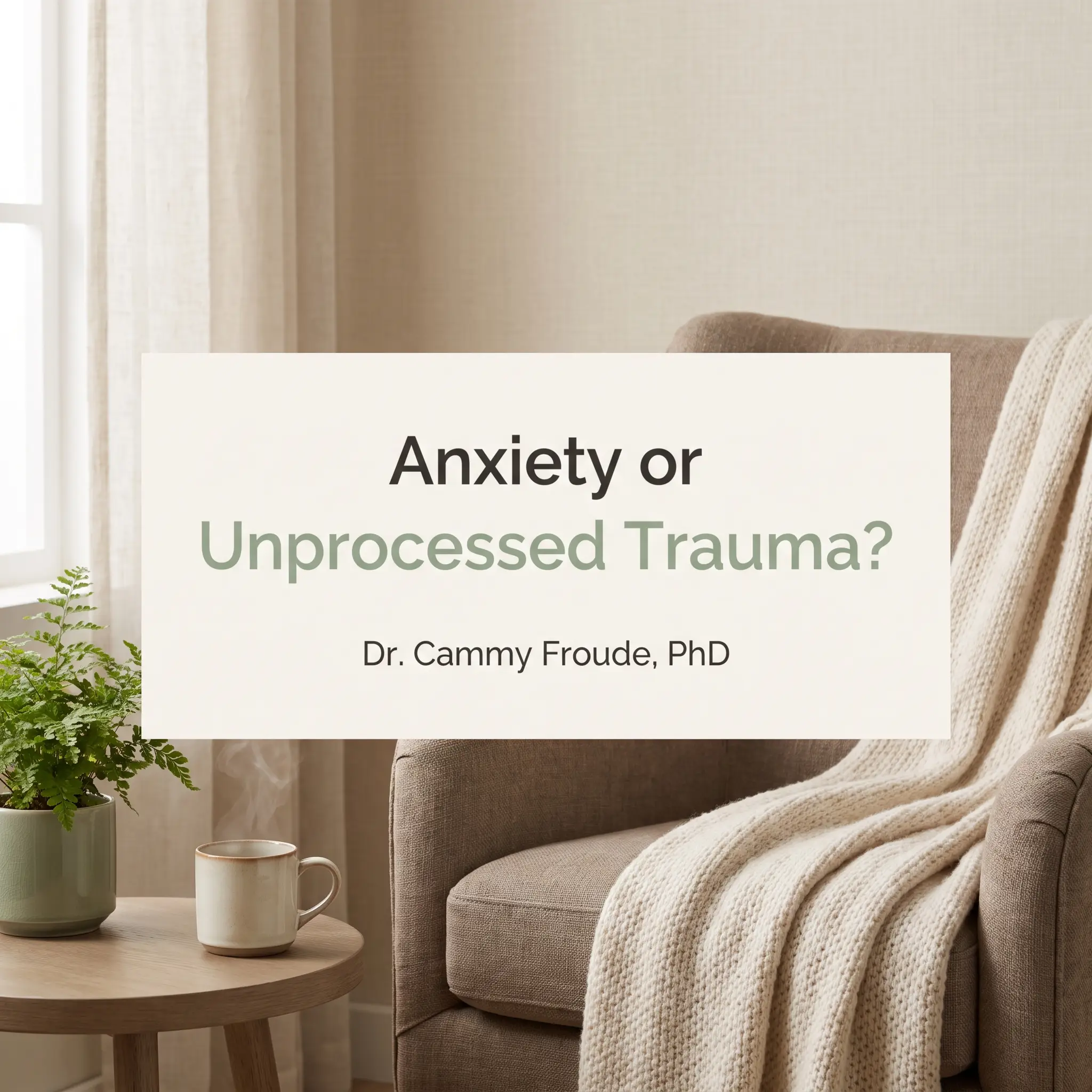 Soothing therapy scene with the title Anxiety or Unprocessed Trauma and Dr. Cammy Froude, PhD