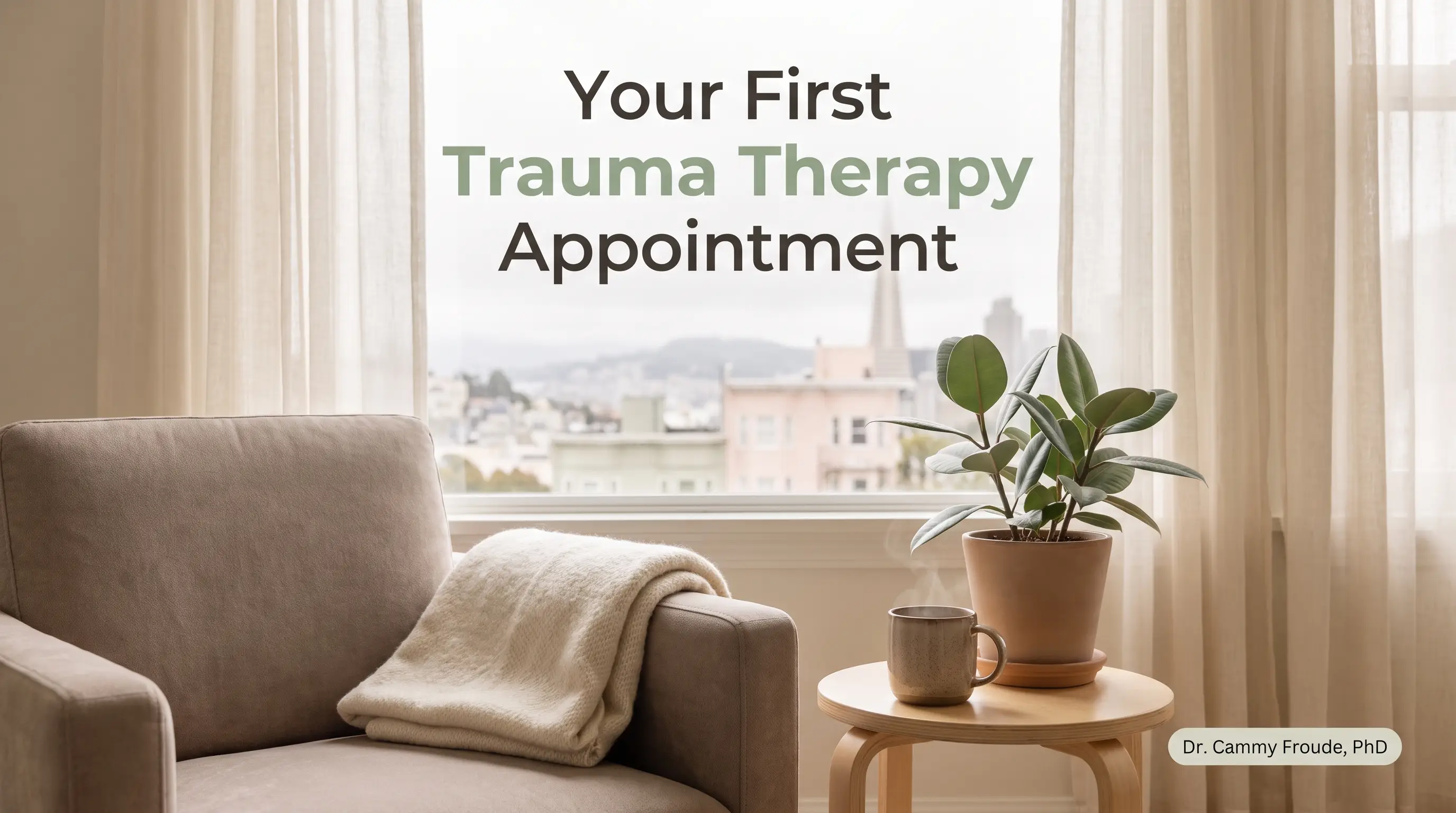 First trauma therapy appointment in San Francisco blog header: a calm therapy office corner in cream, taupe, and soft sage green