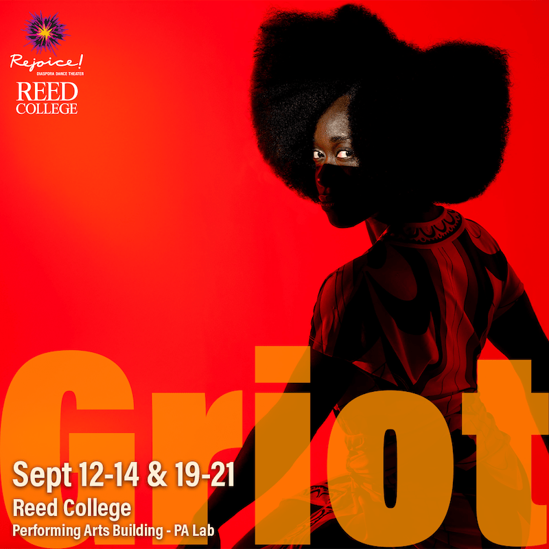 Promotional graphic for the Griot show, featuring a striking photo of dancer Oluyinka Akinjiola in red light, all in shadows except for her eyes.