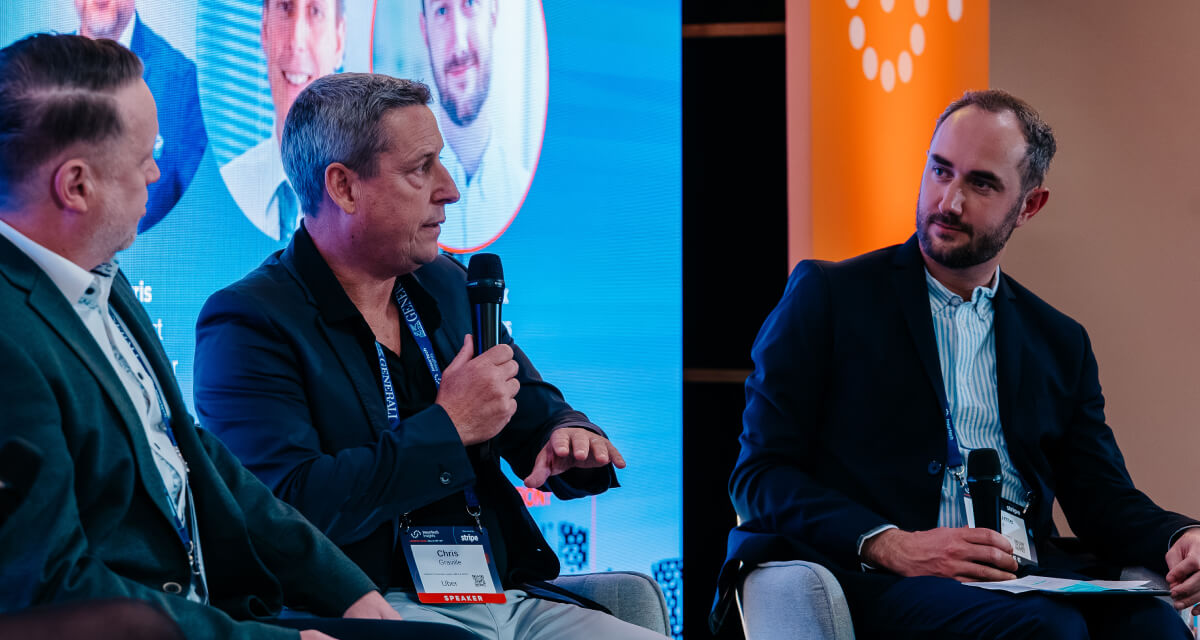 Chris Graville, Legal Director for Insurance at Uber, speaking on an autonomous vehicle insurance panel at Insurtech Insights 2026 in London.