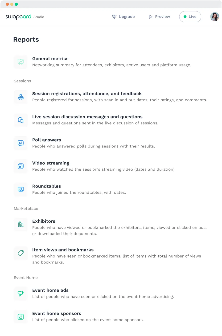 Repots available to download such as analytics on event home ads, live discussion of sessions.