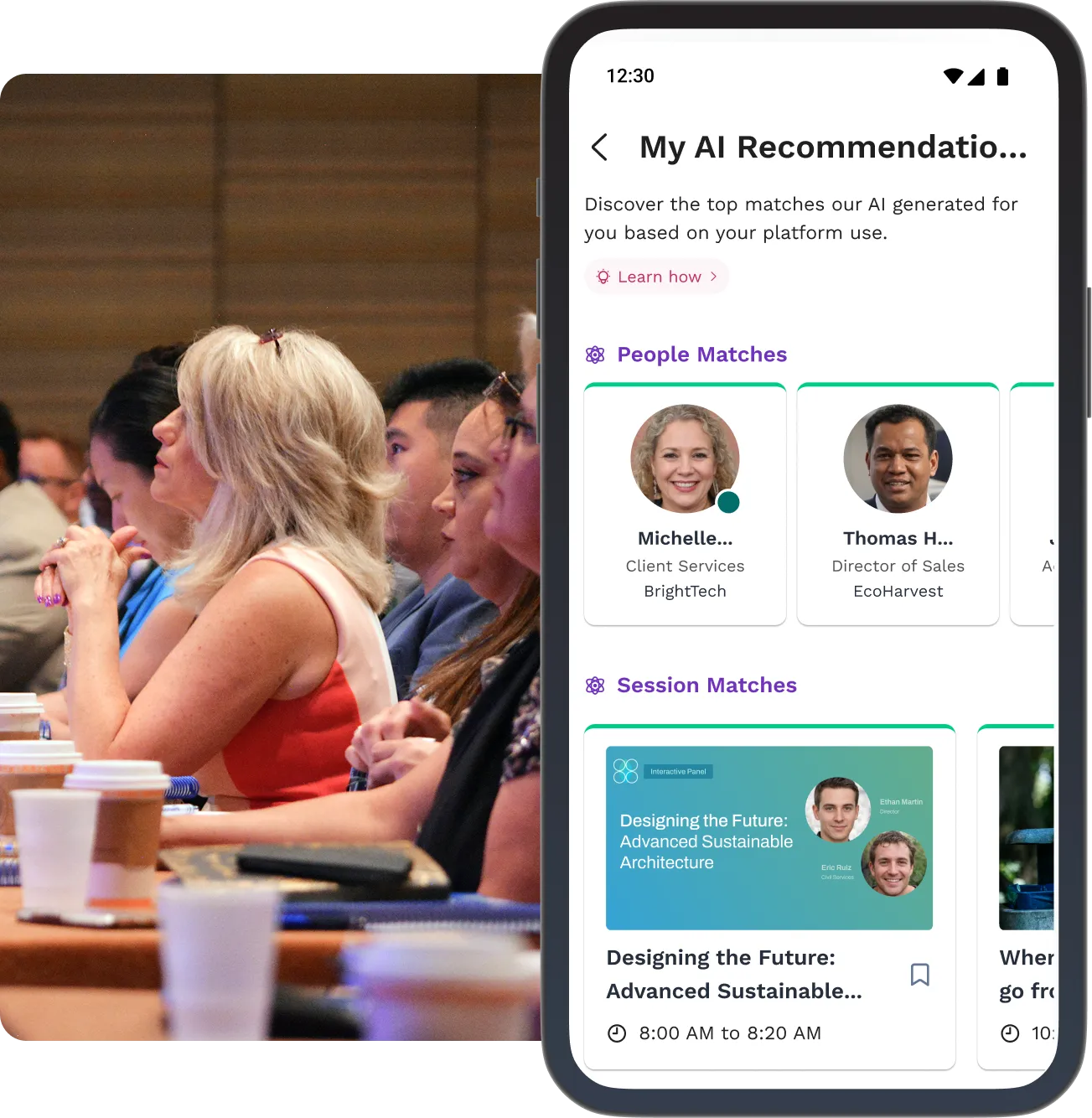In person medical congress with mobile UI showing AI recommendations to explore event