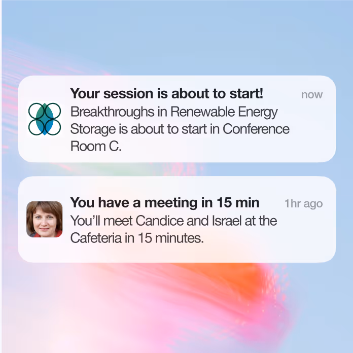 Push notifications showing session starting and meeting reminders relative to an in-person event