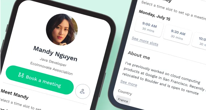 Profile on Swapcard showing the ability to book a meeting & open scheduling times