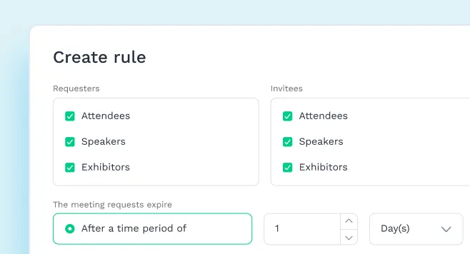 UI showing how to create a meeting rule for organizers to aid matchmaking