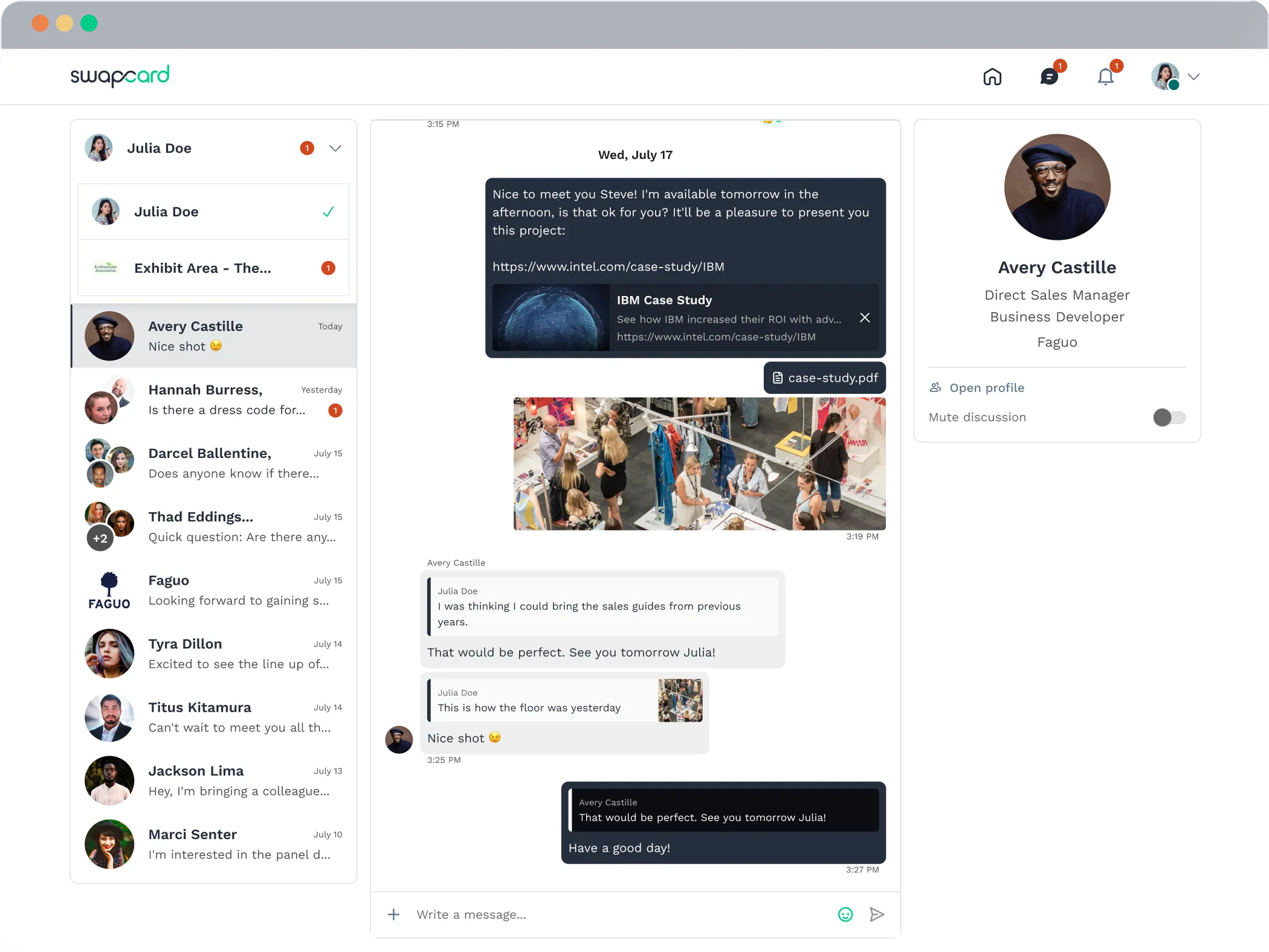 Chat room in swapcard with one-to-one and group chats that support video calls and attachments