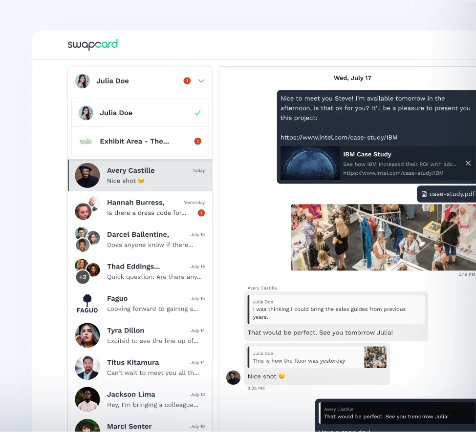 Chat room in swapcard with one-to-one and group chats that support video calls and attachments