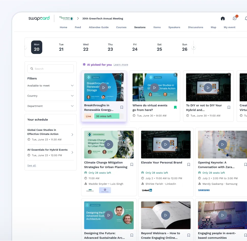 Personalized schedule on swapcard desktop showing recommended sessions and agenda