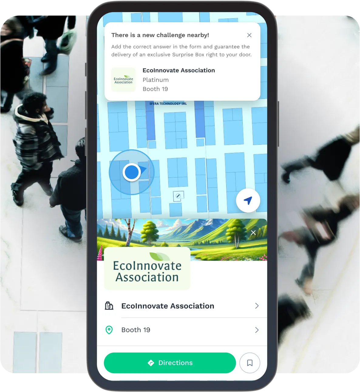 Interactive floor plan on mobile showing nearby challenge with exhibitor
