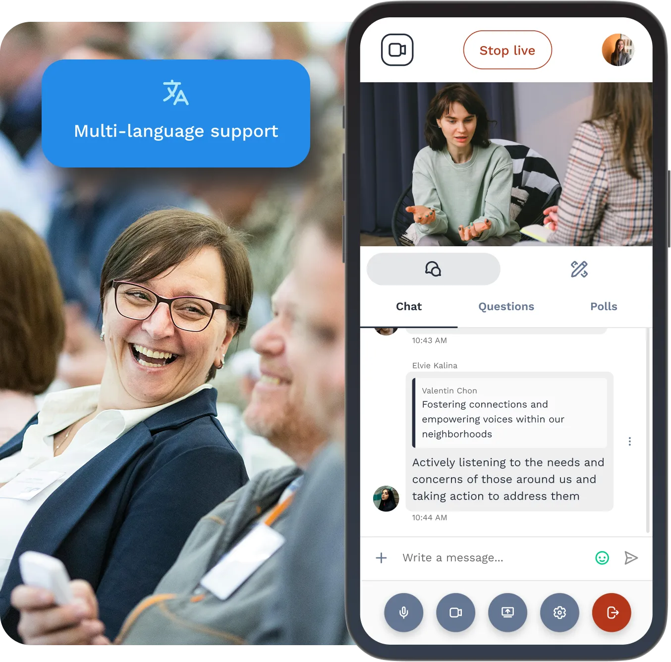 Mobile view of live session with chat feed, questions, and polls and engaged attendees in the background "multi-language support"