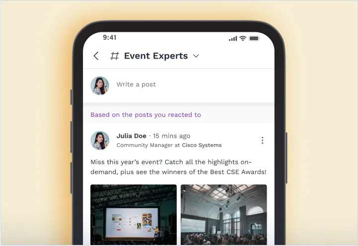 Event feed on mobile app showing event highlight photos and writing a post
