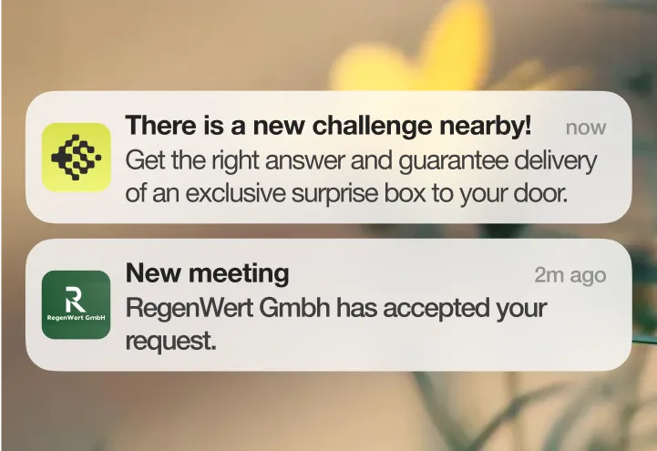 Push notifications showing exhibitor challenge nearby and upcoming meeting with sponsor