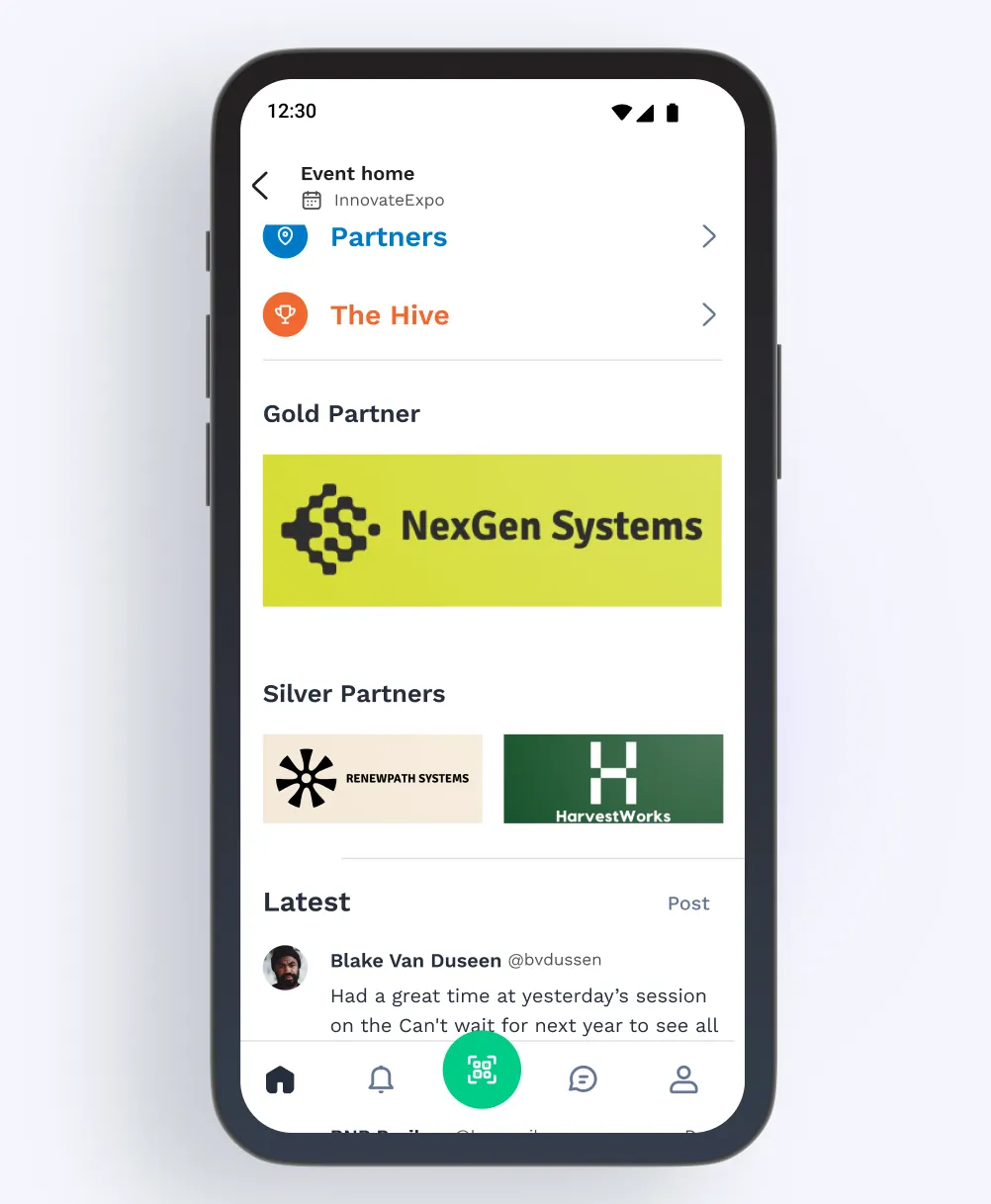 Mobile view of event home page showing sponsorship tiers