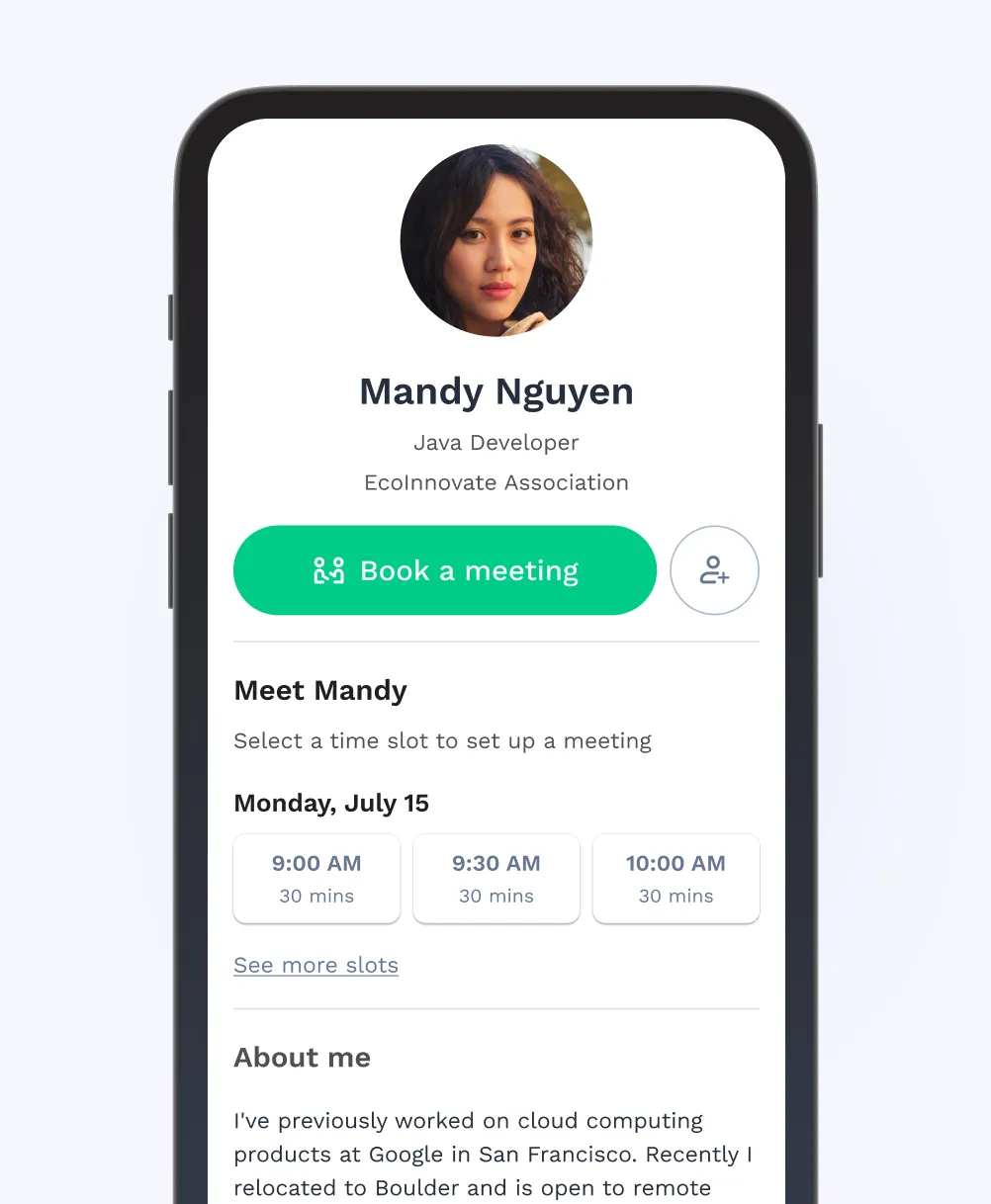USer profile with button to book a meeting and available times