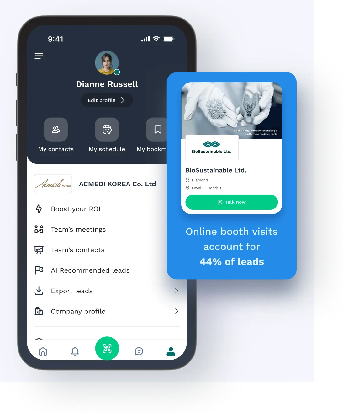 Exhibitor profile on mobile with ability to scan leads at the bottom and export them at first touch