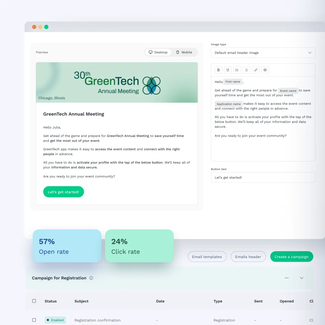 Swapcard UI showing how to customize and email for a campaign and engagement metrics
