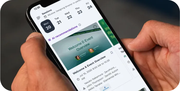User checking their personalized agenda on the swapcard mobile app and seeing recommended sessions.