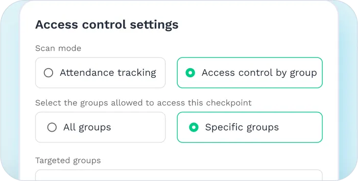 Control who can access each session by group, default attendee tracking, or specific groups.